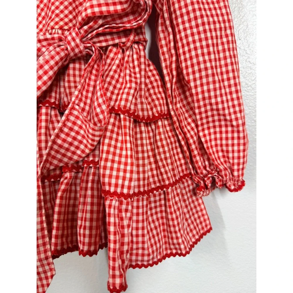 Gingham Dress Girls 3T Red White Checkered Tiered Ruffle Long Sleeve Americana